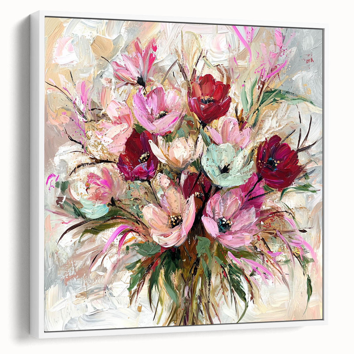 Framed canvas artwork displaying abstract floral designs in vibrant colors, set against a white background, showcasing a modern and elegant aesthetic for home decor.