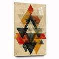 Abstract minimalist wall art displayed in a side view, showcasing vibrant colors and geometric patterns on acrylic glass, secured with stylish pins for a modern touch.