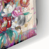Close-up view of abstract floral acrylic artwork on glass, showcasing vibrant colors and intricate designs perfect for home decor or artistic display.