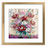 Abstract floral frame with a gold mat, showcasing a vibrant array of colorful blooms and intricate detailing, perfect for enhancing modern home decor aesthetics.