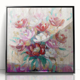 Framed acrylic artwork featuring vibrant abstract floral designs in black and colorful hues, elegantly displayed from the front view, ideal for modern home decor.