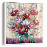 Framed abstract floral canvas artwork showcasing vibrant colors and intricate patterns, presented in a sleek white frame, ideal for modern home decor.