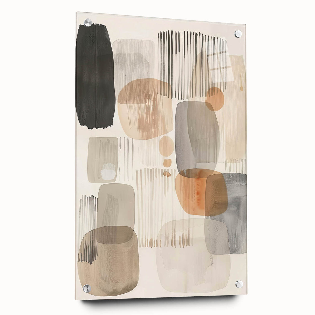 Abstract minimalist wall art displayed in a modern setting, showcasing a sleek acrylic glass frame with visible pins, emphasizing its contemporary design elements.
