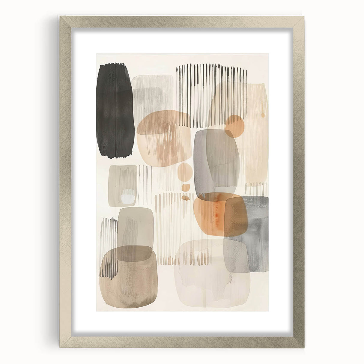 Abstract minimalist wall art framed in silver, featuring geometric shapes and a muted color palette, ideal for modern home decor or office spaces.
