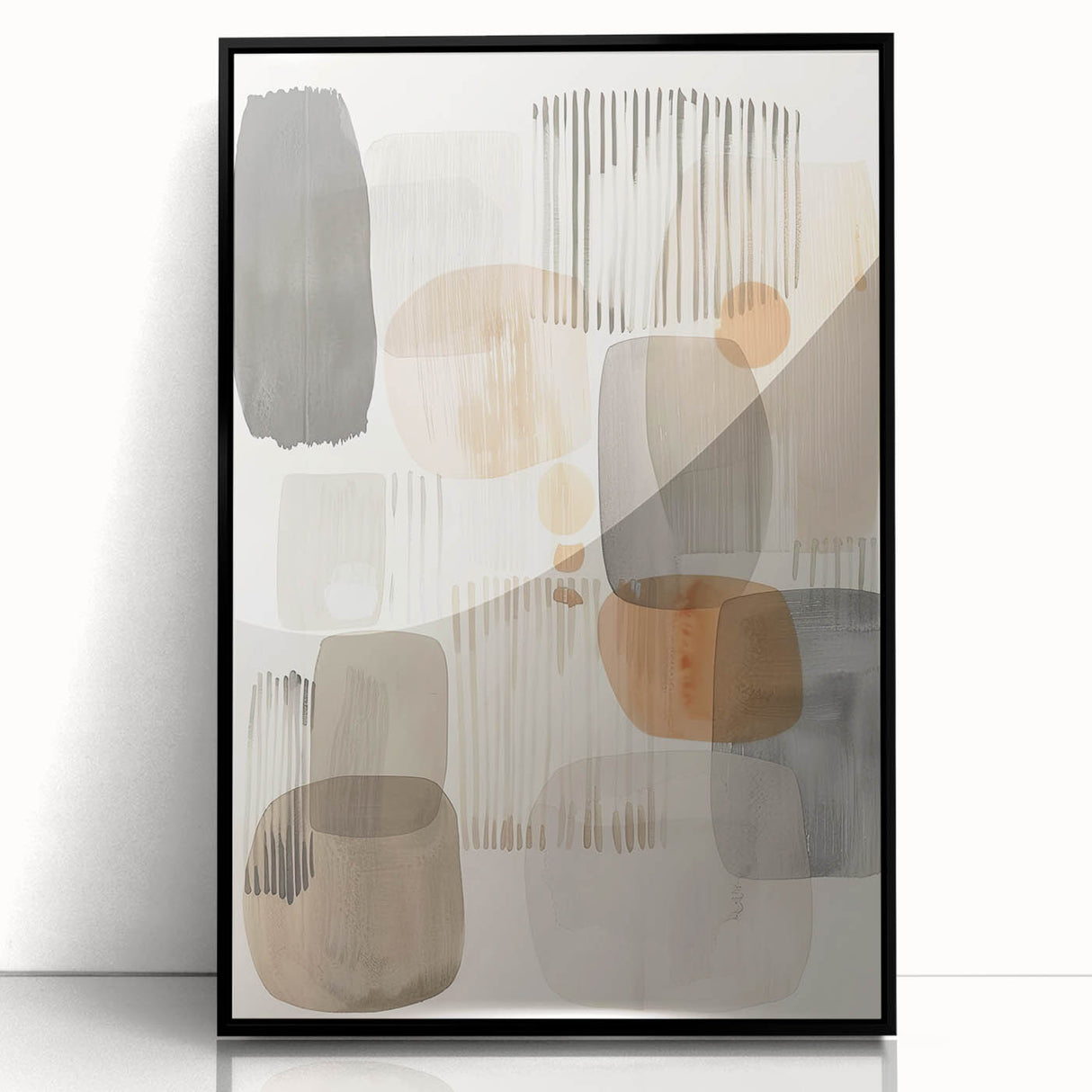 Framed abstract minimalist wall art featuring a sleek black design, set against a clean white background, perfect for modern home decor or office spaces.