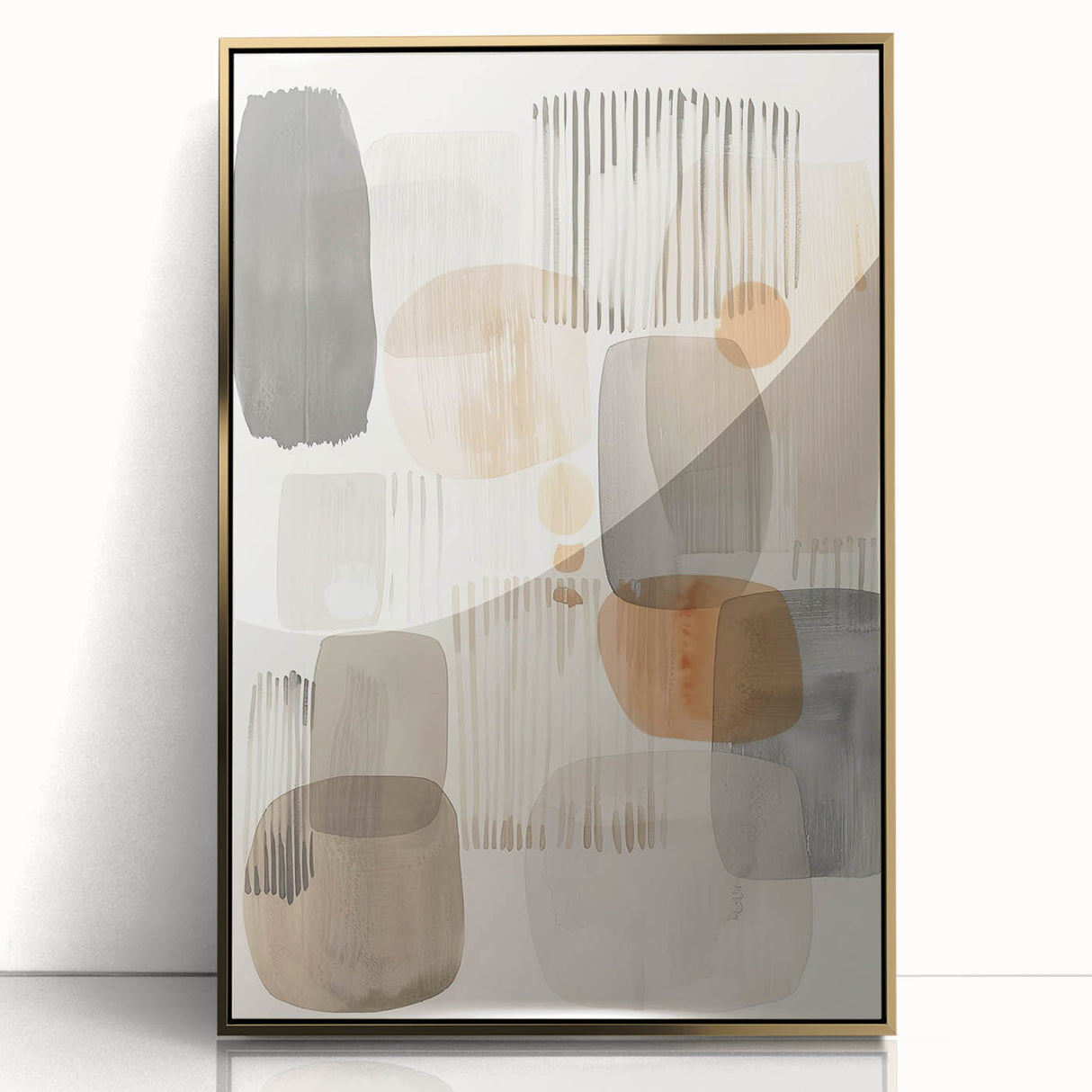 Framed abstract minimalist wall art featuring a gold-accented design, displayed in an elegant acrylic frame, perfect for modern home decor in a chic setting.