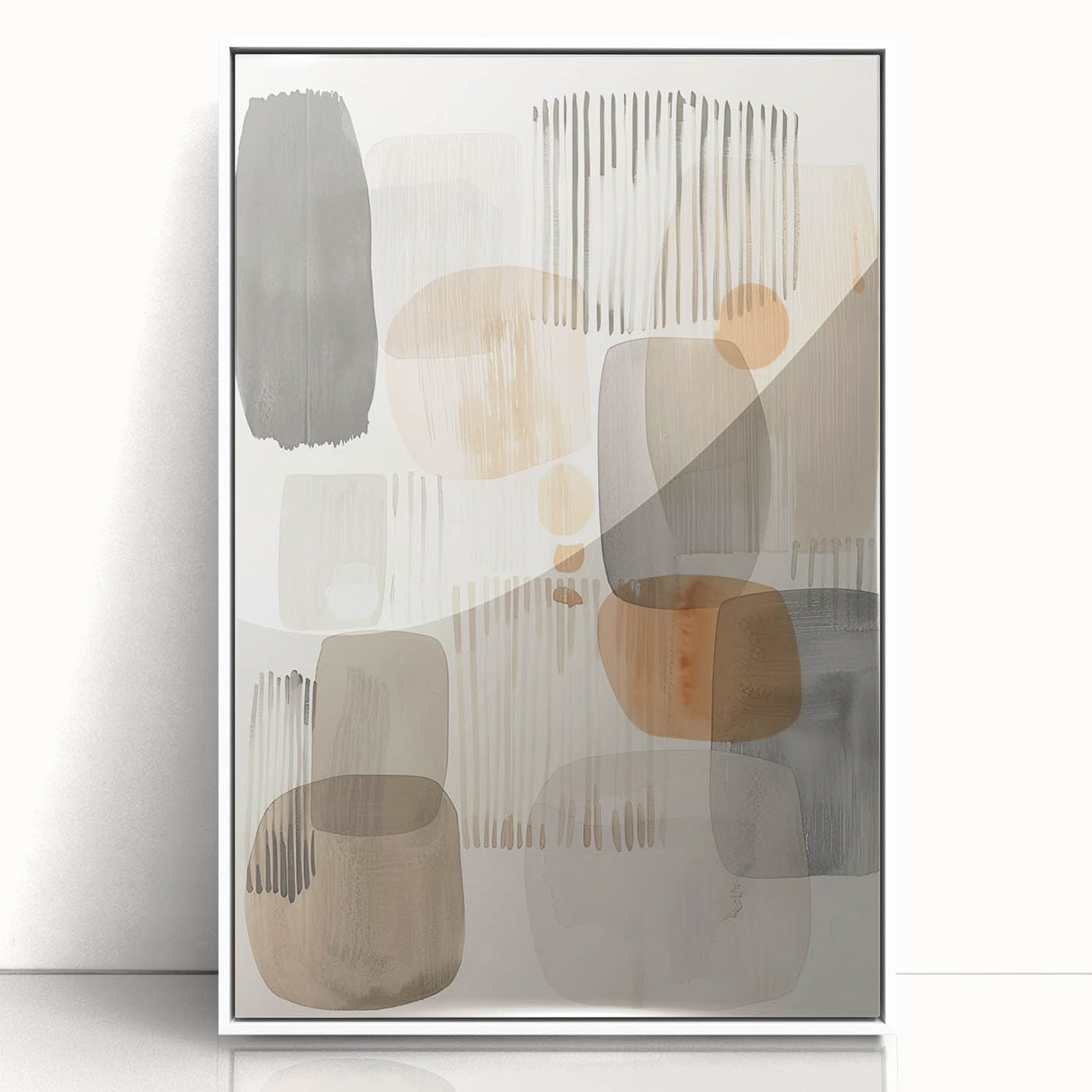 Framed acrylic wall art featuring an abstract minimalist design in soft white tones, ideal for modern home decor, showcased from a front view against a neutral background.