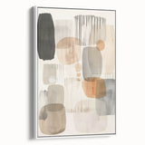 Framed abstract minimalist wall art in a white frame, showcasing geometric patterns and soft colors, perfect for modern home decor. Side view highlights its sleek design.