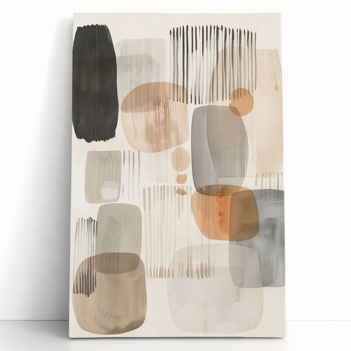 Abstract minimalist wall art on stretched canvas, featuring soft pastel colors and geometric shapes, leaning against a white wall, ideal for modern decor.