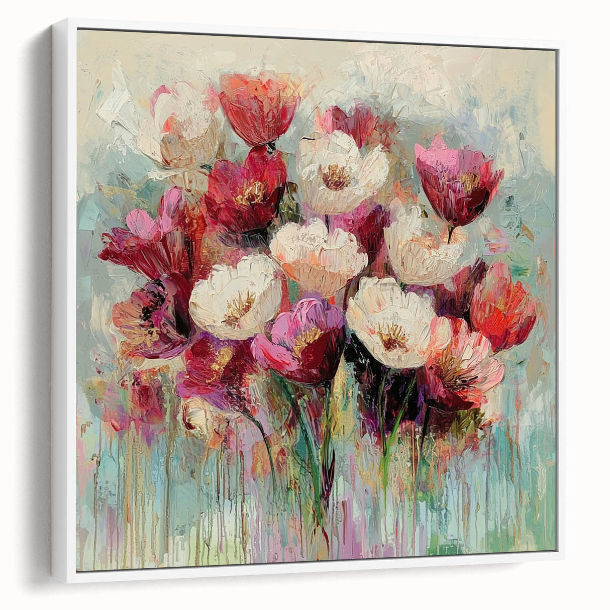 Framed canvas artwork showcasing an abstract floral design in vibrant colors against a white background, highlighting modern decor trends for stylish interiors.