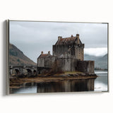 Framed canvas artwork depicting a serene landscape with a majestic castle, elegantly bordered in silver, showcasing intricate details and vibrant colors. Perfect for enhancing home decor.