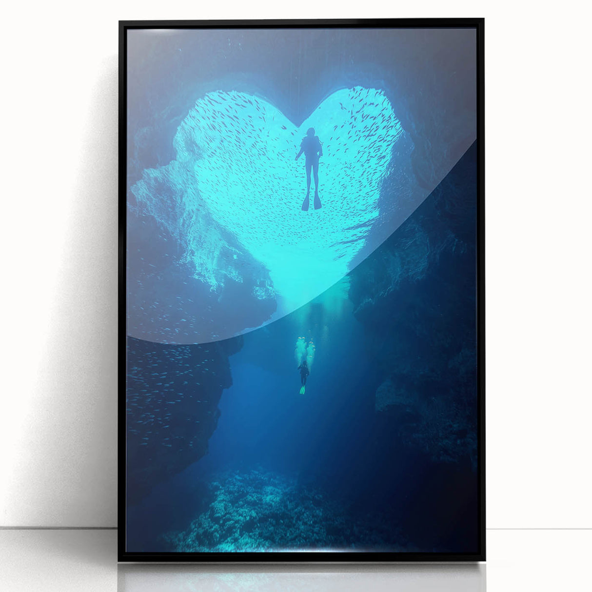 Framed acrylic artwork showcasing a vibrant landscape with intricate cave formations, set against a sleek black frame, perfect for modern home decor.