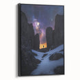 Framed canvas art depicting a stunning landscape of rugged cliffs, showcased from a black side view, perfect for home decor enthusiasts seeking nature-inspired wall art.