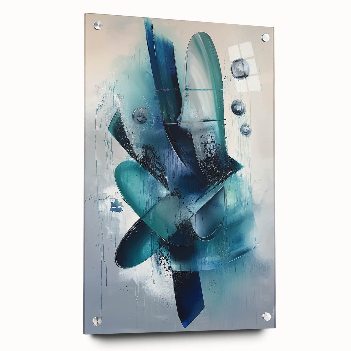 Abstract acrylic glass art piece showcasing vibrant splatters in various colors, displayed side view with decorative pins, perfect for modern home decor accent.