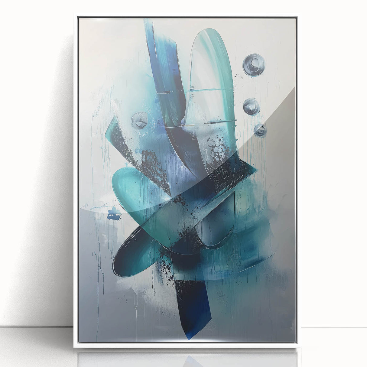 Framed abstract acrylic art print showcasing colorful splatters on a white background, perfect for modern home decor or artistic interior design.