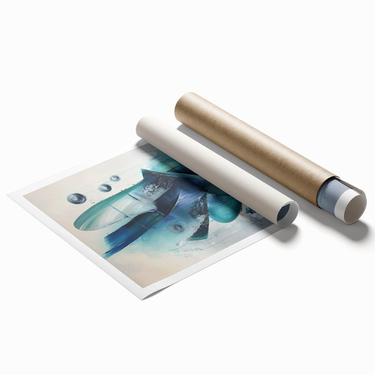 Abstract canvas print showcasing vibrant splatter designs in shades of blue, yellow, and orange, rolled for easy shipping in a protective tube. Perfect for modern home decor or art enthusiasts seeking bold statement pieces.