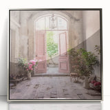 Mid-century modernist acrylic print of a French door design in silver frame, ideal for nursery wall art.