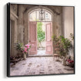 Black and white vintage poster art of a French door, framed canvas ideal for bedroom wall decor.