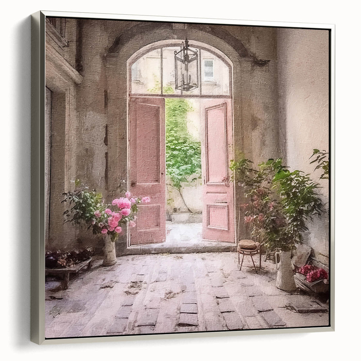 Landscape art painting of a vintage French door in muted black and colorful tones on framed canvas.