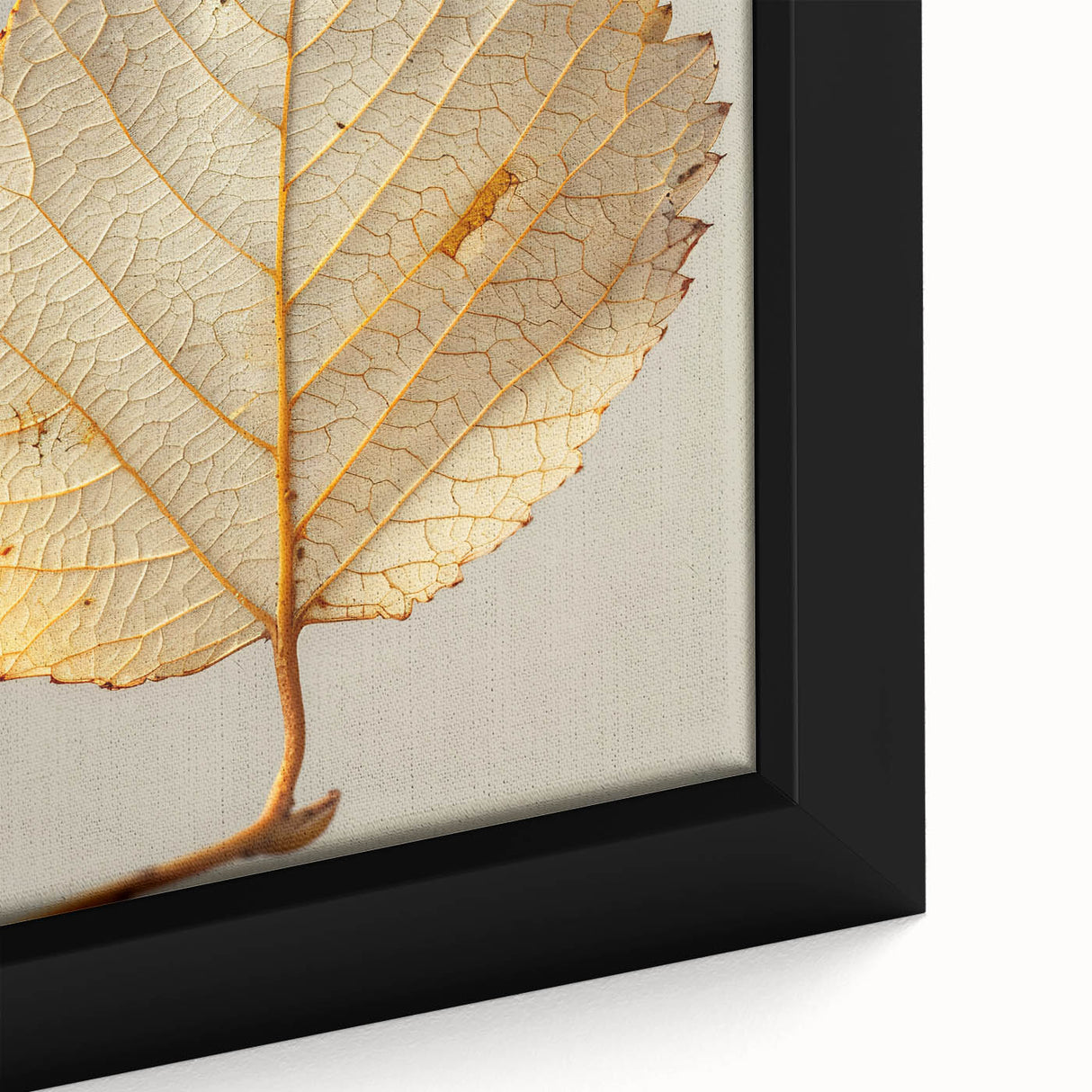 Close-up of a framed canvas wall art depicting vibrant flowers and botanical leaves, showcasing rich colors and intricate details, perfect for home decor.