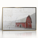 Framed acrylic wall art featuring a serene landscape with a rustic barn, highlighted by gold accents, ideal for enhancing home decor with a touch of elegance.