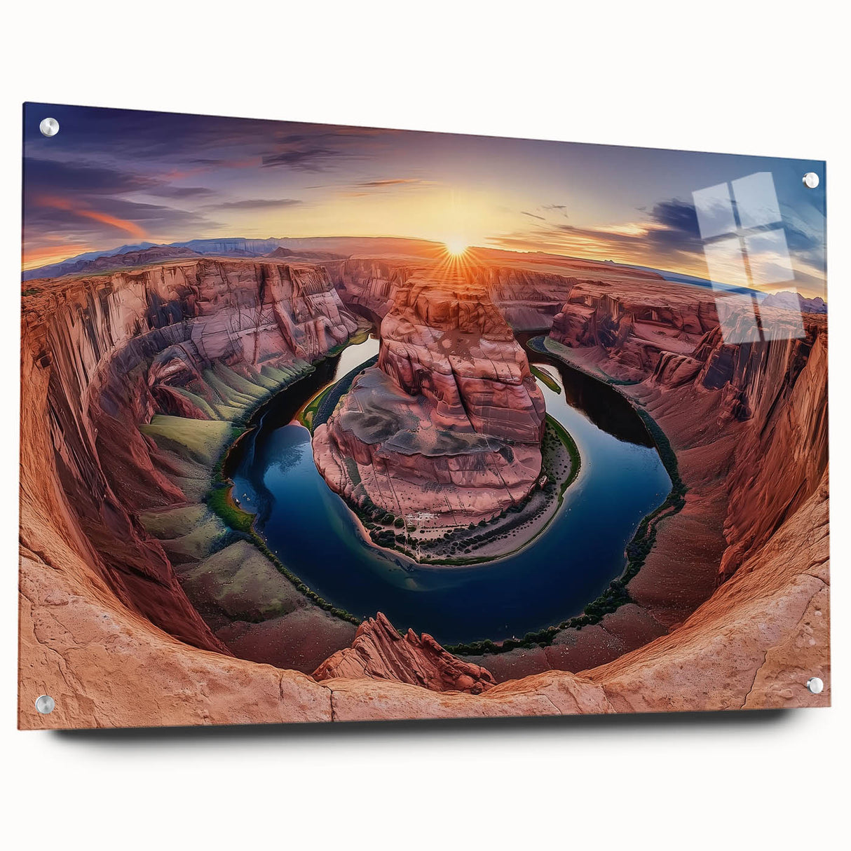 Acrylic landscape artwork depicting vibrant canyons in rich colors, displayed in a side view with pins securing it to a wall, perfect for modern home decor.