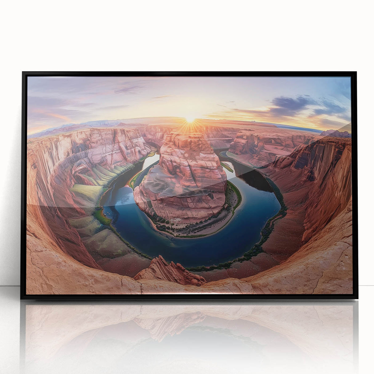 Framed acrylic art piece showcasing a vibrant landscape of canyons, featuring contrasting colors of orange and purple, ideal for home decor enhancement.