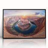Framed acrylic art piece showcasing a vibrant landscape of canyons, featuring contrasting colors of orange and purple, ideal for home decor enhancement.