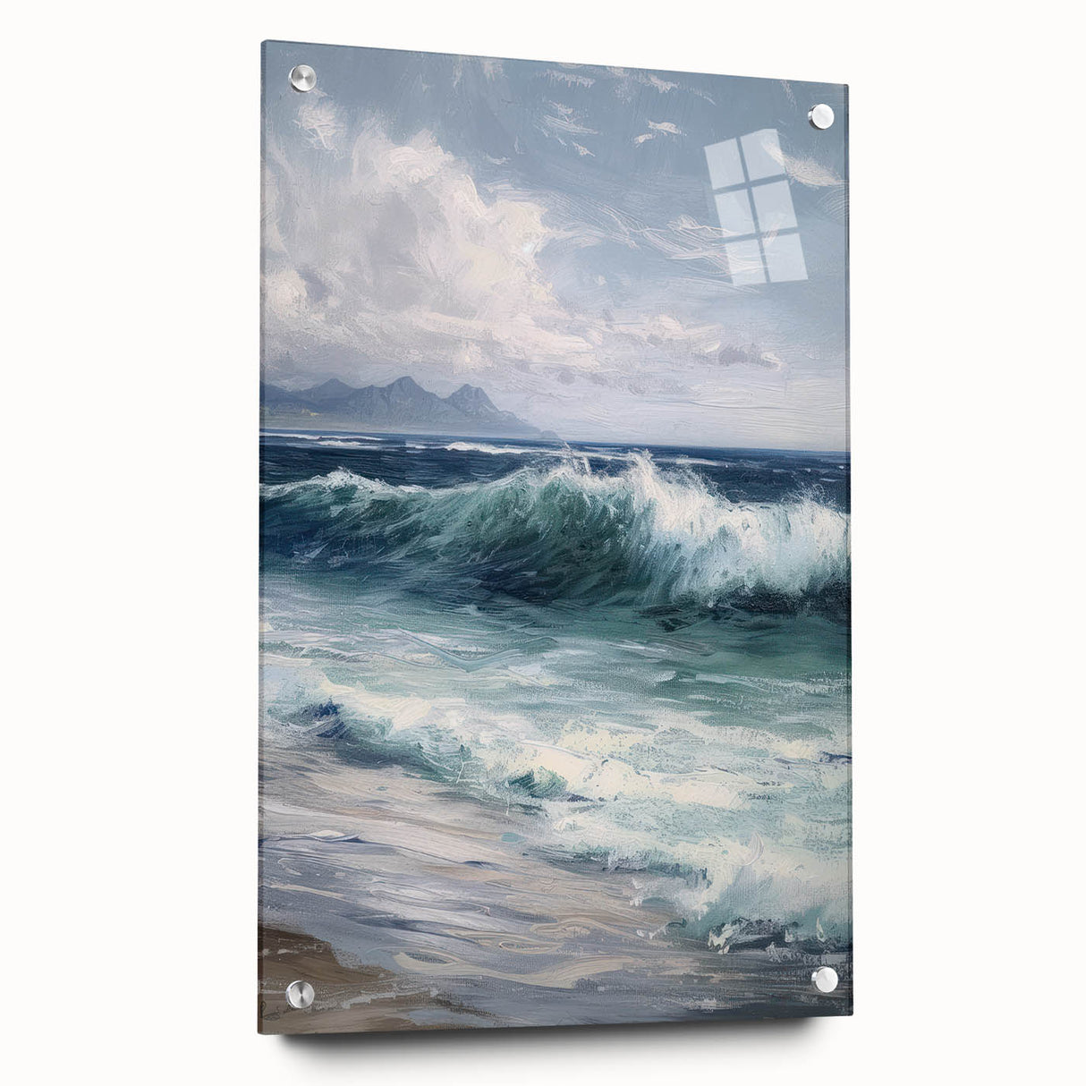 Acrylic glass landscape artwork displayed from a side view, showcasing vibrant colors and intricate details, secured with decorative pins for an elegant presentation.