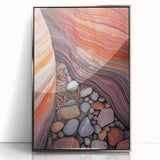 Framed acrylic artwork depicting a serene desert landscape with vibrant colors and intricate details, showcasing a silver frame that enhances its elegance.
