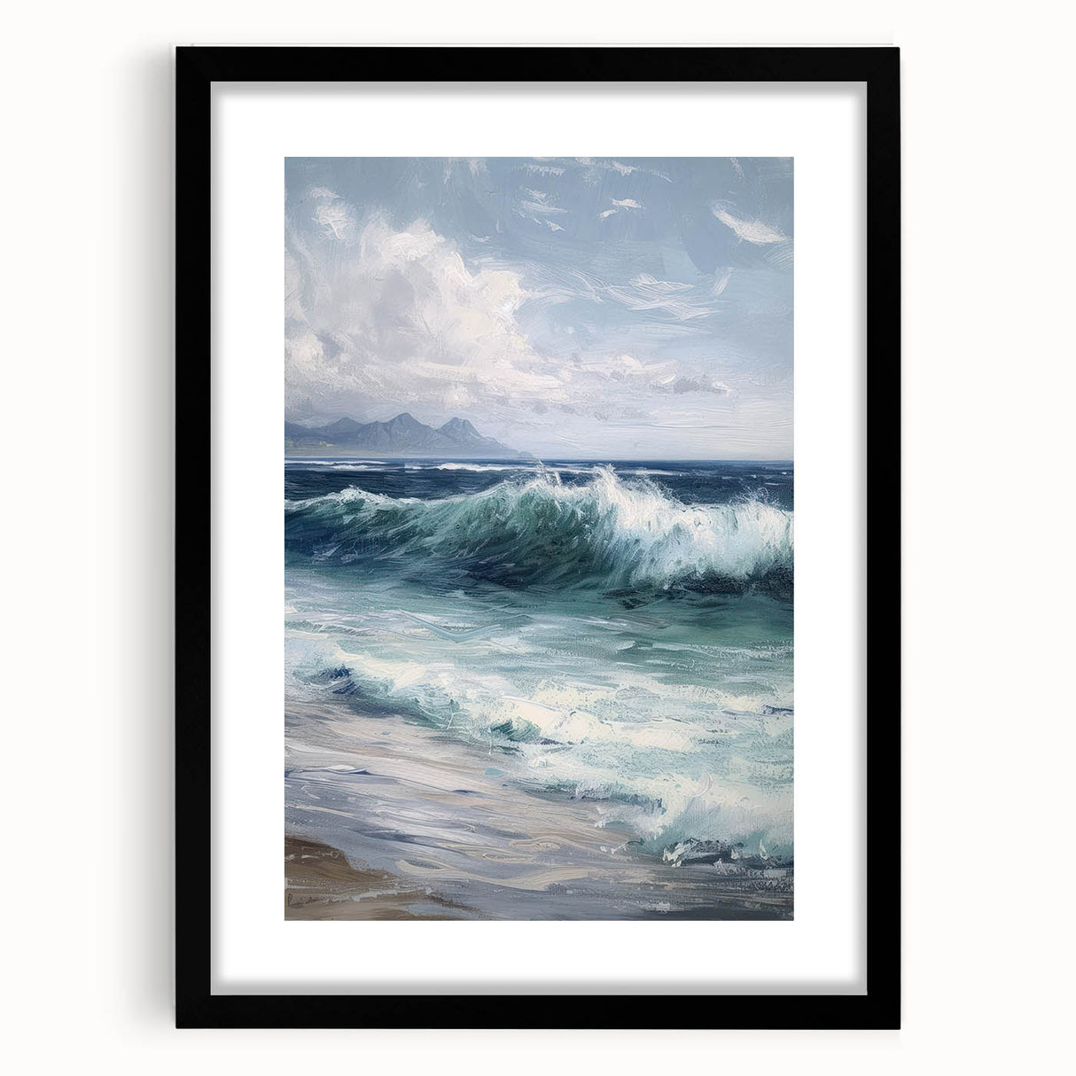 Black framed landscape art print with a white mat, showcasing a serene nature scene, ideal for modern home decor and gallery wall arrangements.
