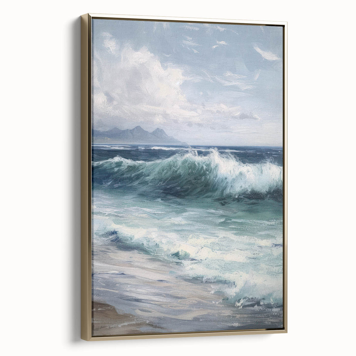 Framed canvas artwork showcasing a vibrant landscape design with gold accents, displayed from a side view to highlight its depth and elegance. Ideal for modern home decor.