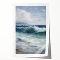 Beautifully presented rolled print showcasing a serene landscape scene, featuring lush green hills and a vibrant sky, packaged securely in a durable cardboard tube.