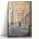 Mid-century modernist art depicting an Indian landscape in muted earth tones on a silver-framed acrylic print.