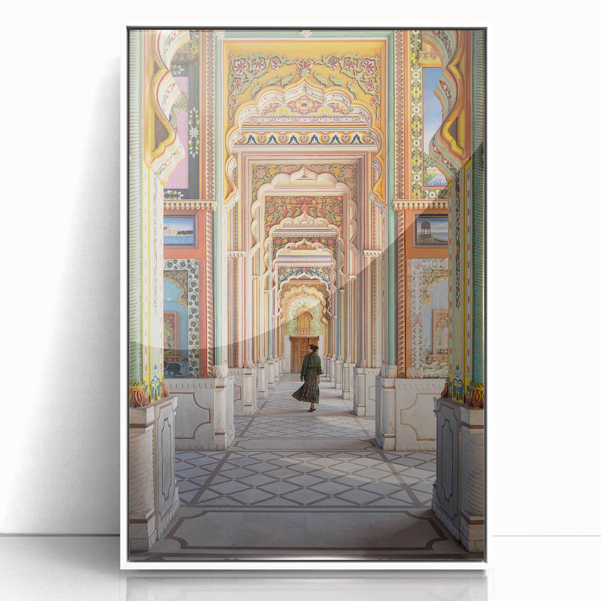 Art Deco poster of an Indian landscape in muted earth tones on a white framed acrylic, suitable for modern nursery decor.