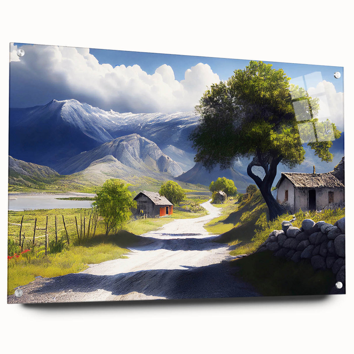 Large abstract wall art depicting a European Albanian scenery in muted earth tones on acrylic glass.