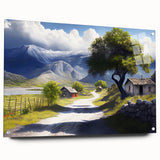 Large abstract wall art depicting a European Albanian scenery in muted earth tones on acrylic glass.
