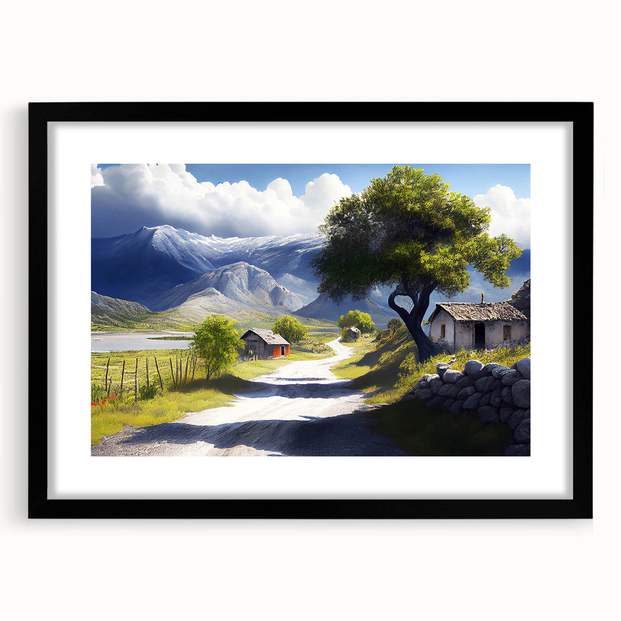 Colorful abstract art print of a European scenery on textured canvas, framed in black, ideal for living room decor.