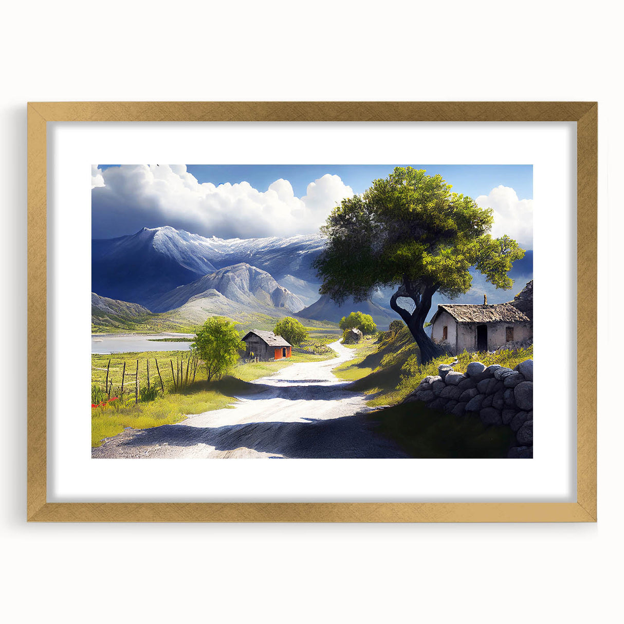 Abstract art print of a European scenery in muted earth tones, framed in gold, ideal for dining room decor.