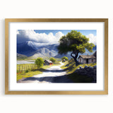 Abstract art print of a European scenery in muted earth tones, framed in gold, ideal for dining room decor.