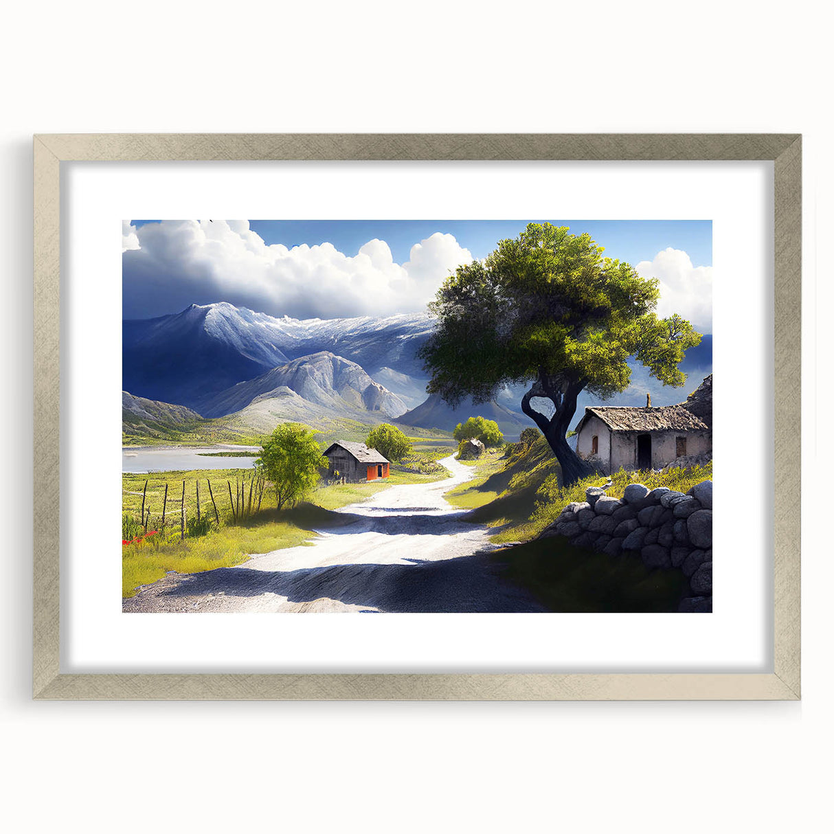 Extra large abstract art print of a textured European landscape in muted earth tones on a silver-framed canvas.