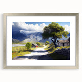 Extra large abstract art print of a textured European landscape in muted earth tones on a silver-framed canvas.
