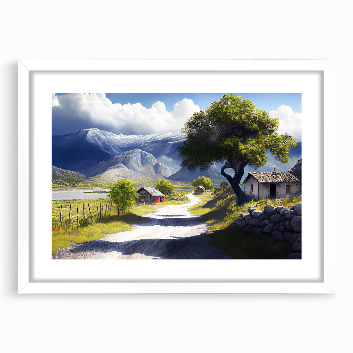 Textured abstract art print of a European scenery in muted earth tones, framed with a white mat, suitable for bedroom decor.