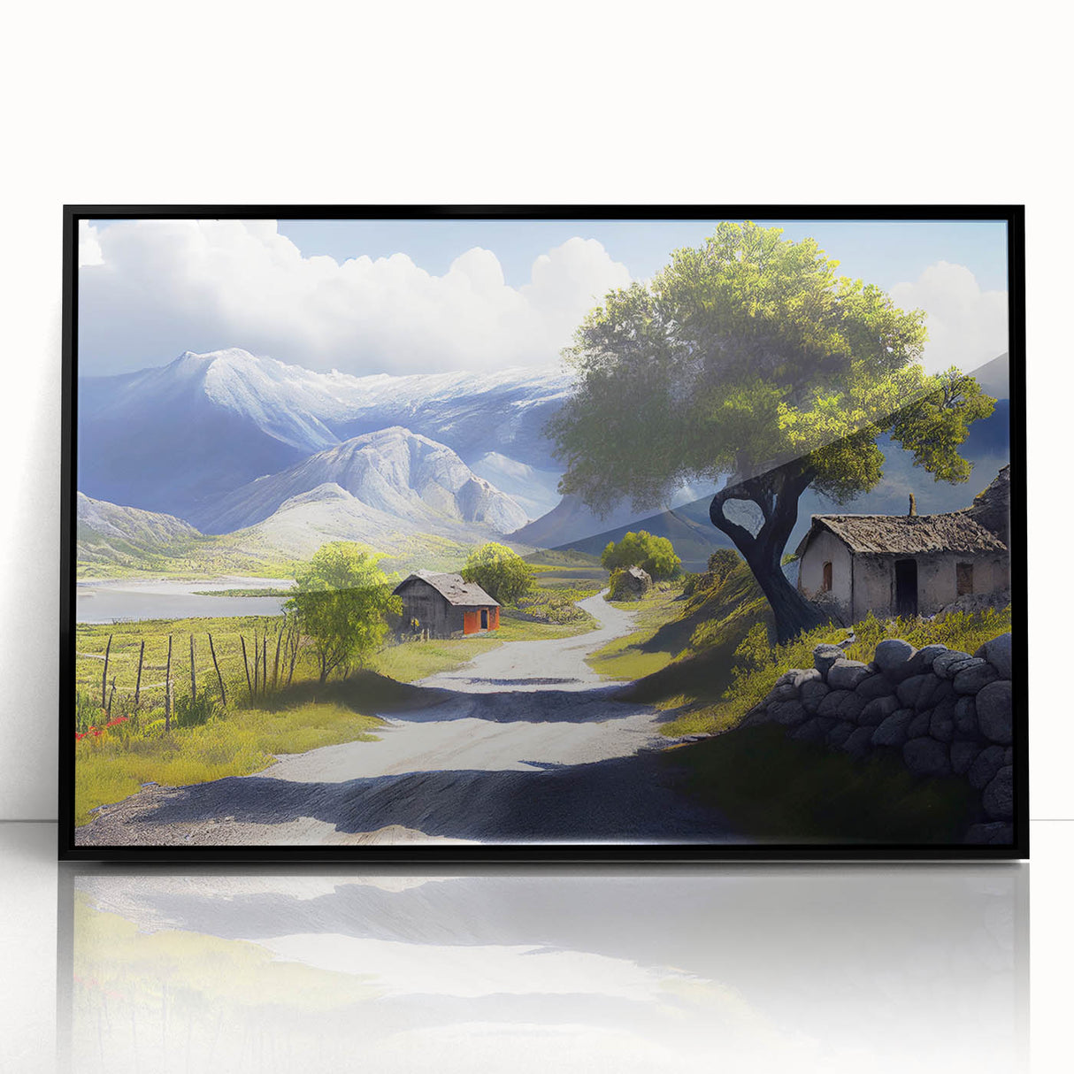 Large abstract wall art featuring a European Albanian scenery in muted earth tones on a black framed acrylic.