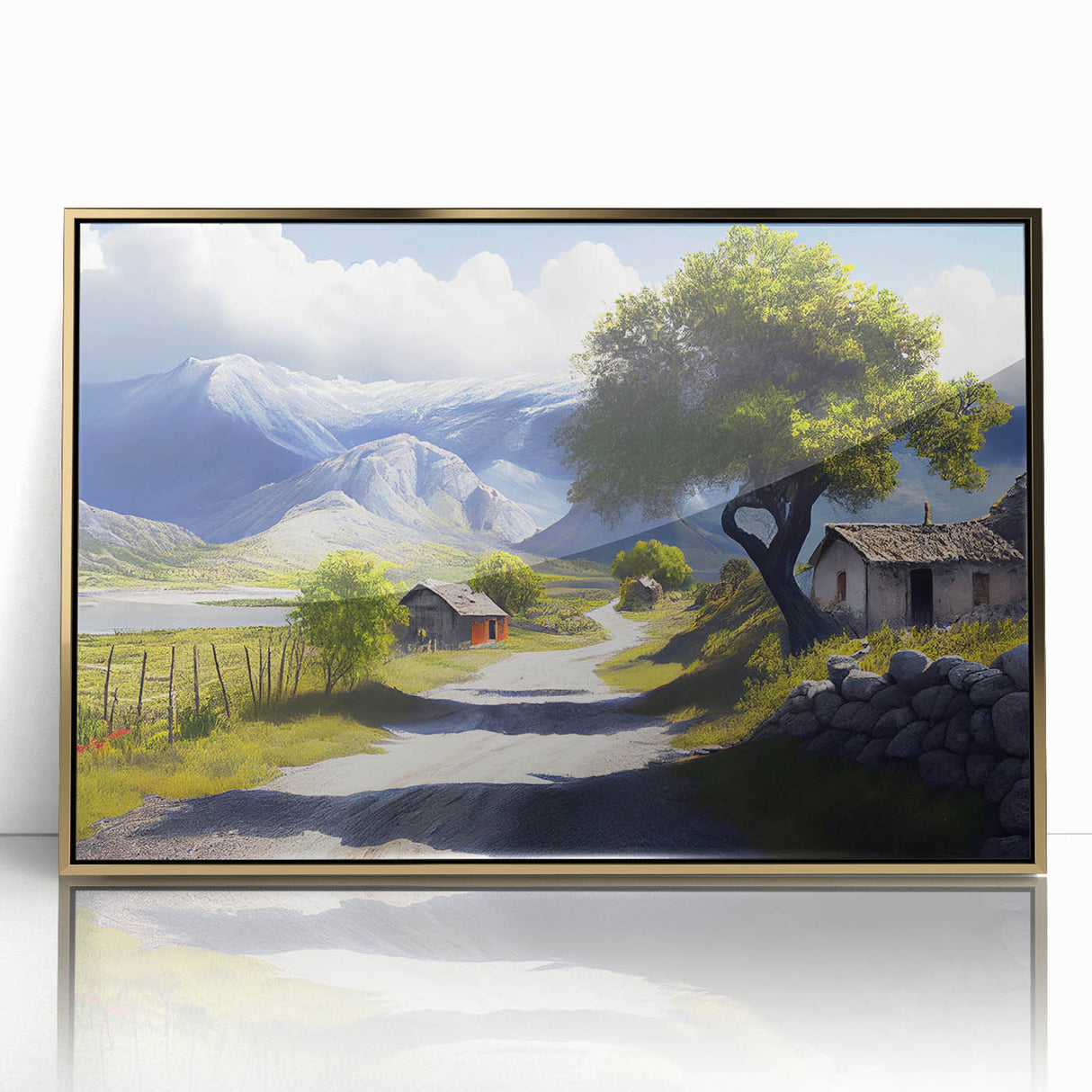 Mid-century modernist art depicting an Albanian landscape in acrylic, framed in gold, ideal for nursery wall art.