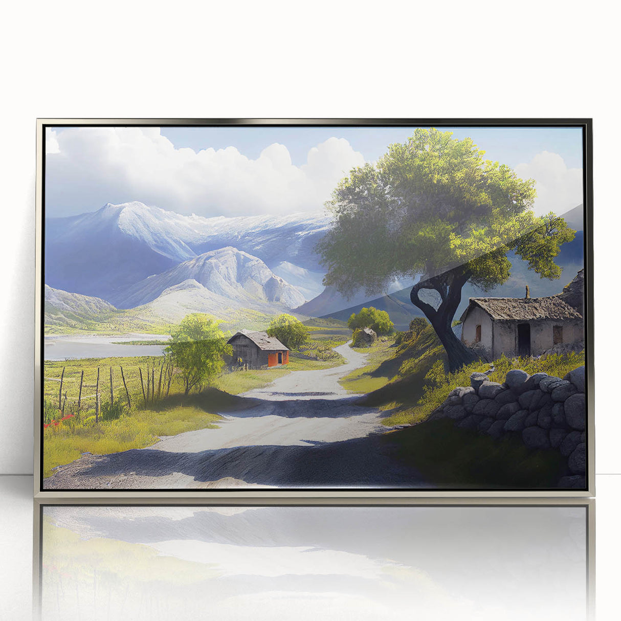 Art Deco poster of an Albanian landscape in muted earth tones, framed in silver acrylic, suitable for modern art wall decor.