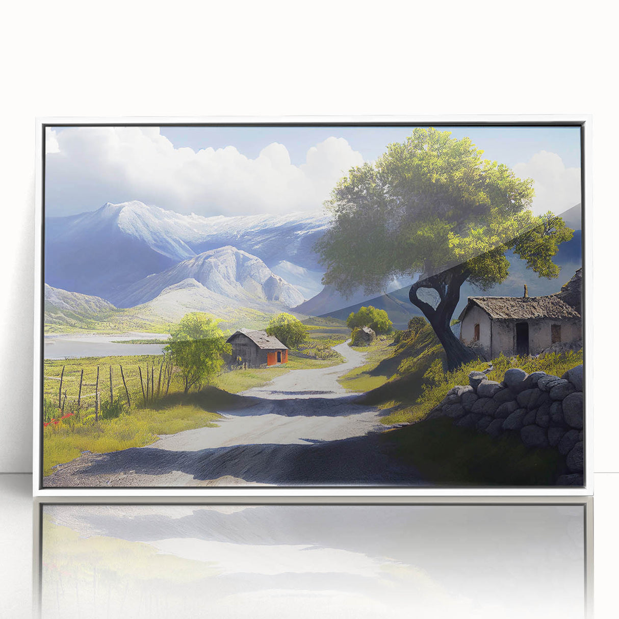 Large art print of a European Albanian scenery in mid-century modernist style, with muted earth tones.