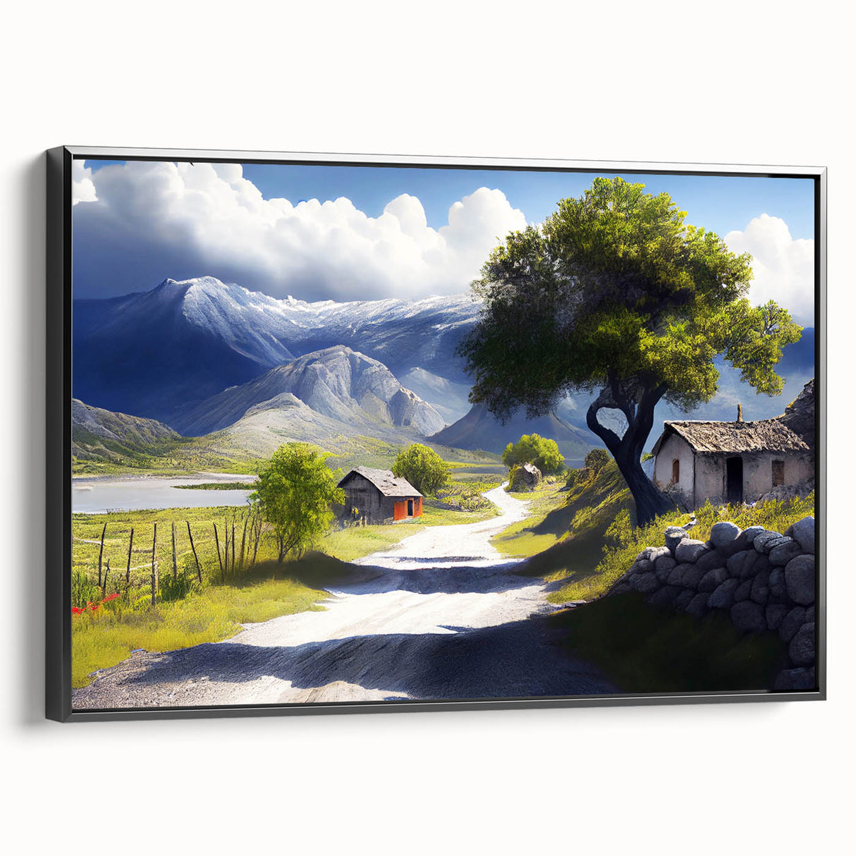 Black and white framed canvas of an Albanian landscape, ideal for bedroom wall art with a vintage poster style.