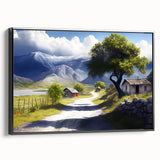 Black and white framed canvas of an Albanian landscape, ideal for bedroom wall art with a vintage poster style.