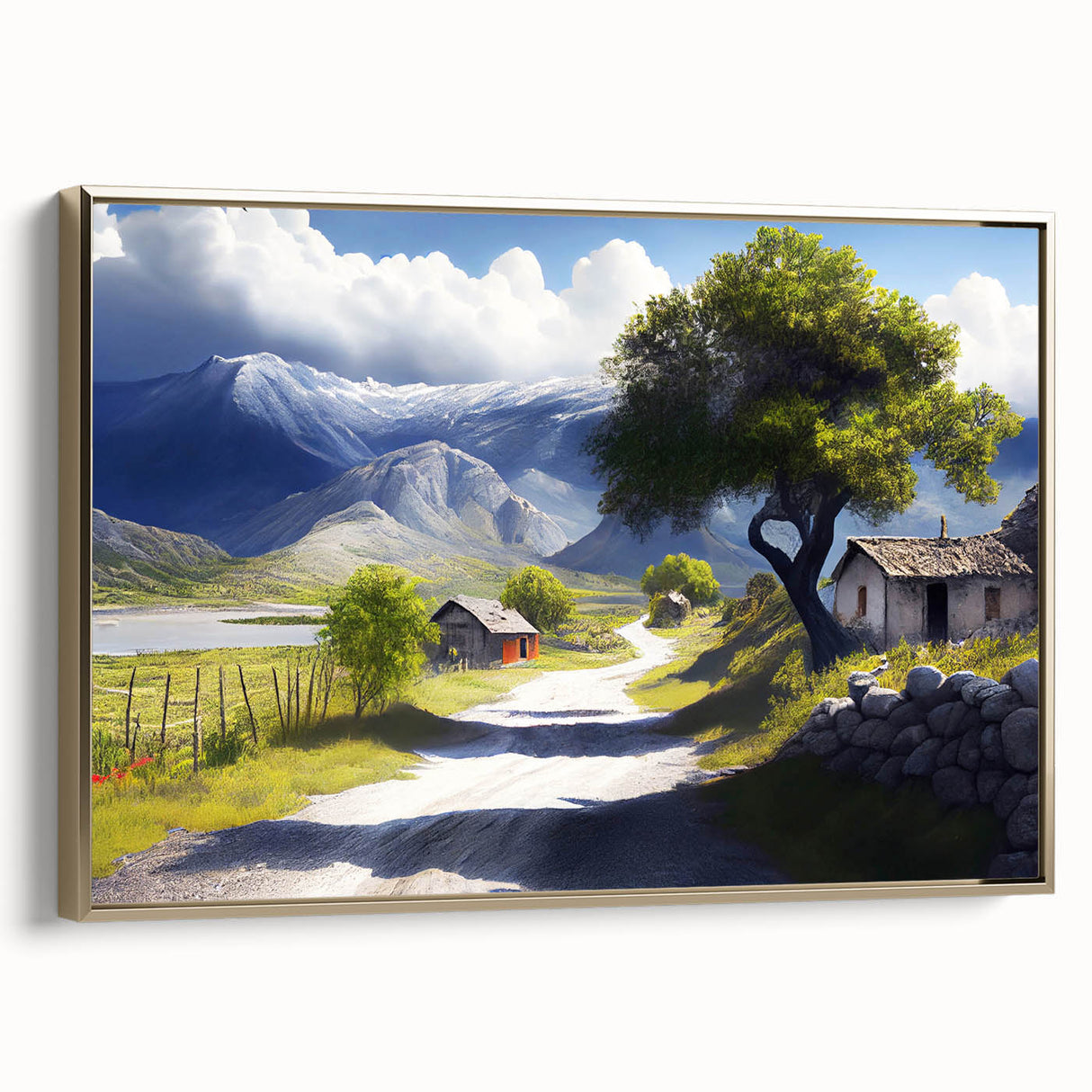 Framed canvas of a vintage-style landscape painting depicting an Albanian scenery in muted earth tones.